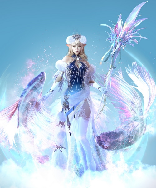 Fantasy elf girl with staff and koi fish