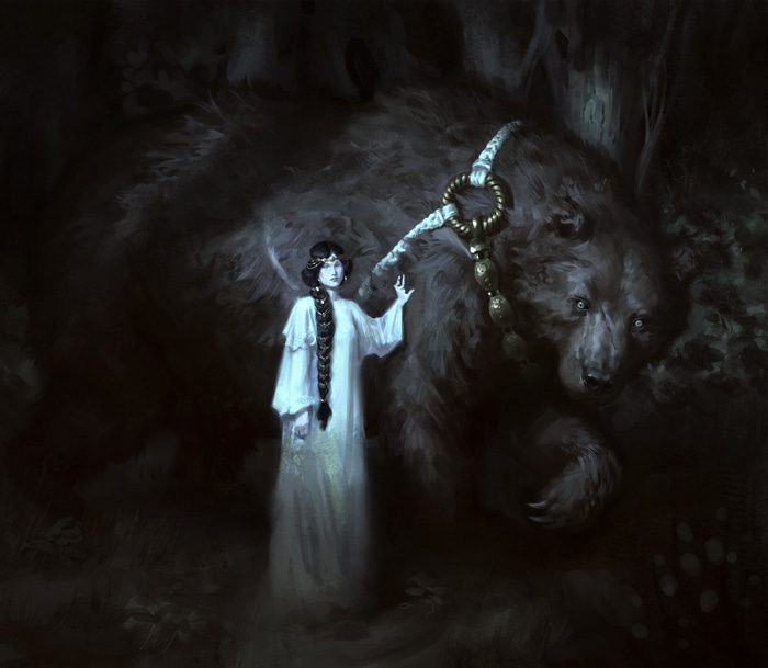 Fantasy girl with a bear in a dark forest