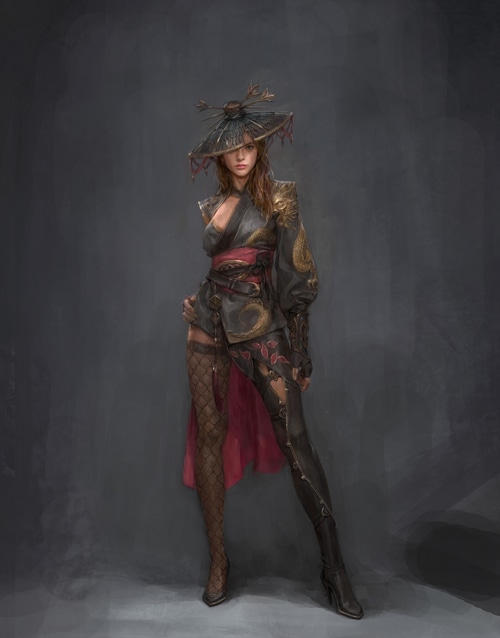 Fantasy art of a woman in a traditional hat