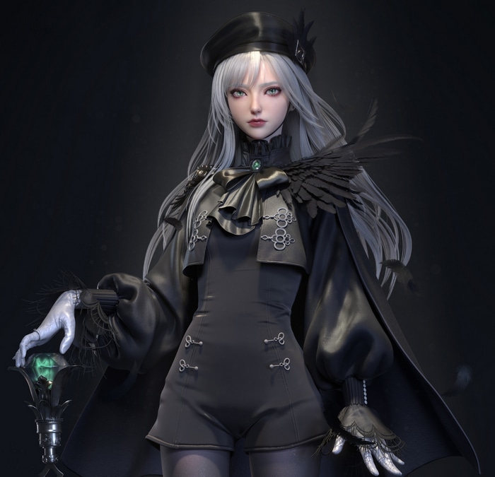 Fantasy girl with white hair and black outfit holding a staff