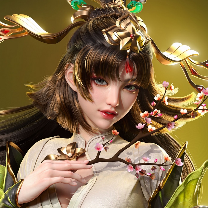 Fantasy girl with cherry blossoms and ornate headdress