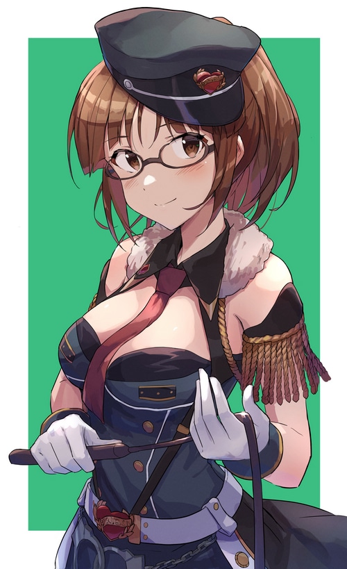 Akizuki Ritsuko in a military-style outfit holding a whip