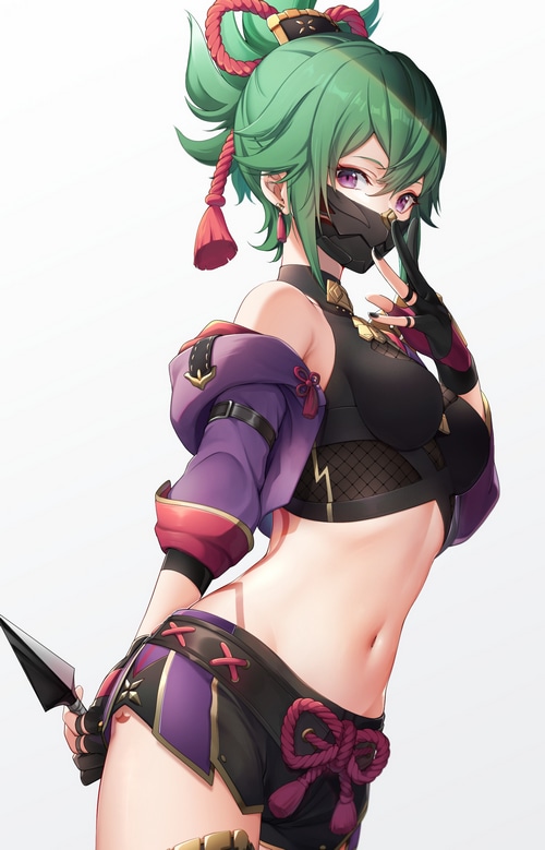 Kuki Shinobu from Genshin Impact holding a kunai