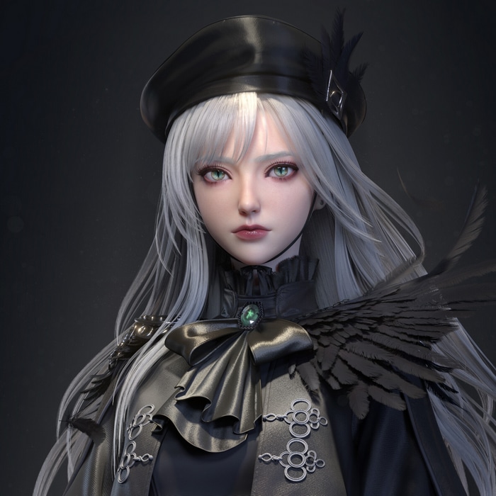 A woman with white hair wearing a black beret