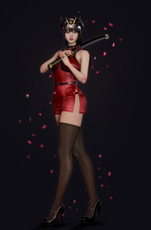 Fantasy girl in red dress with katana and horns hat
