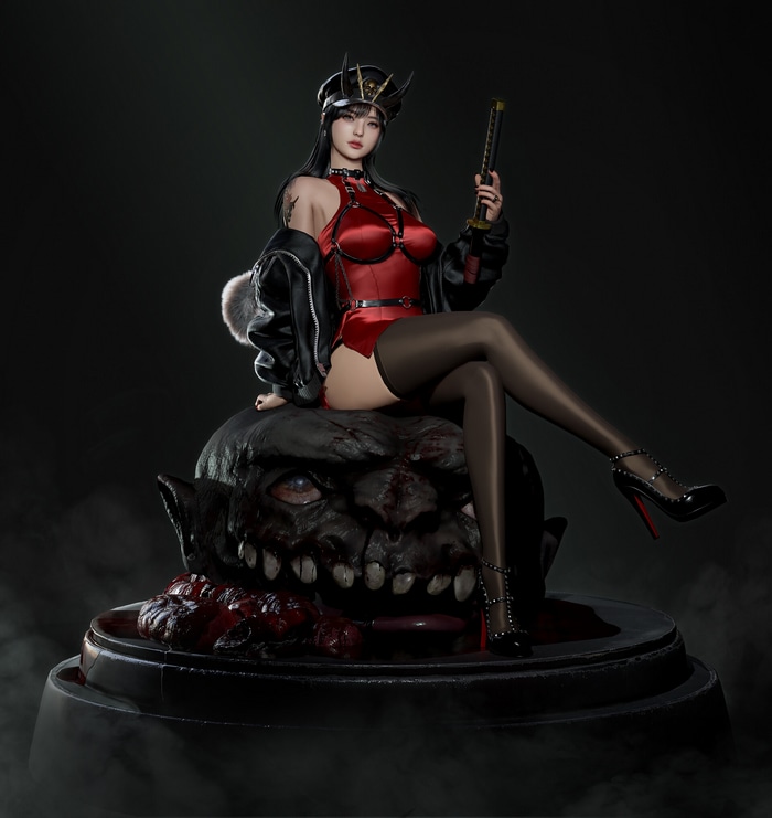 Fantasy girl with horns and heels sitting on a monster