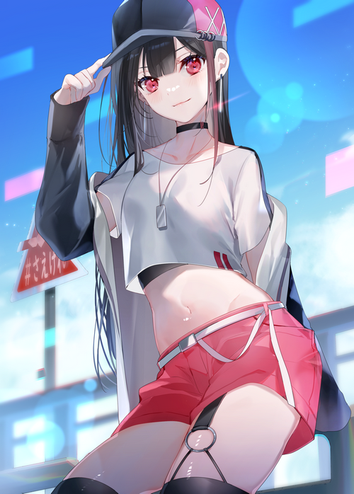 Girl in shorts and hat with red eyes smiling