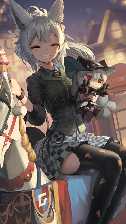 Fox girl with plush toy on carousel