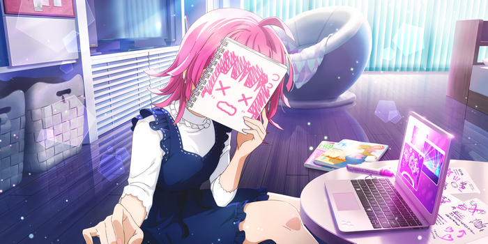 Tennoji Rina hiding behind a drawing in her room