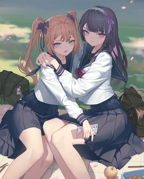 Two schoolgirls in uniform hugging