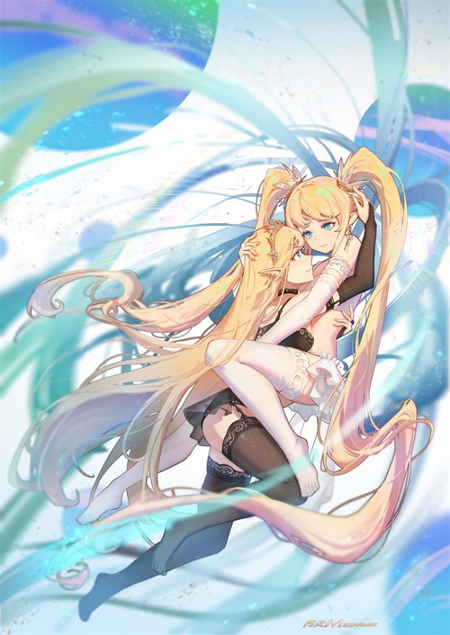 Two blonde anime girls in lingerie embracing