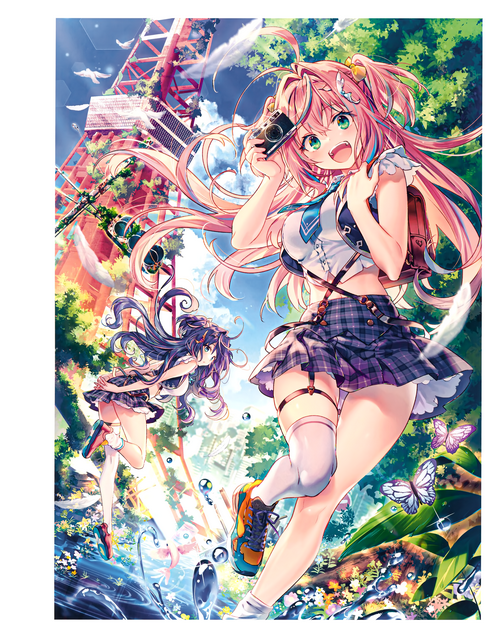 Two anime girls with a camera near a tower