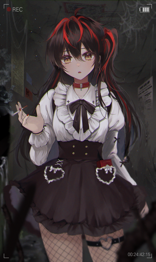 Gothic girl with multi-colored hair smoking a cigarette
