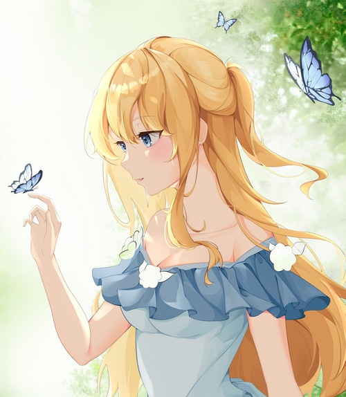 Girl with blonde hair and blue eyes with butterflies