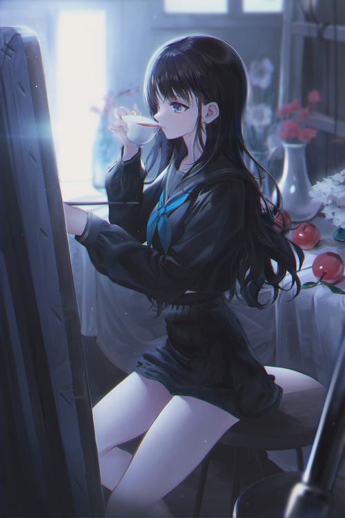Anime girl in school uniform drinking tea