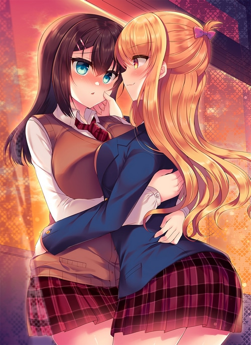Anime girls in school uniforms hugging
