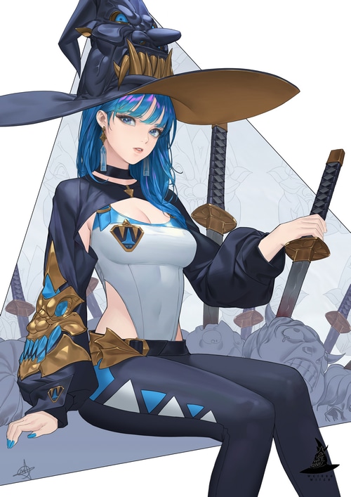 Witch with blue hair and swords