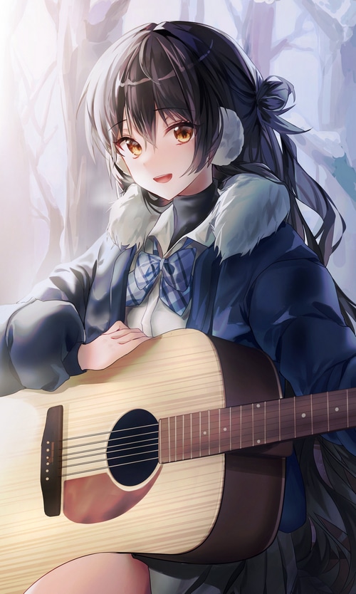 Anime girl with guitar in a winter forest