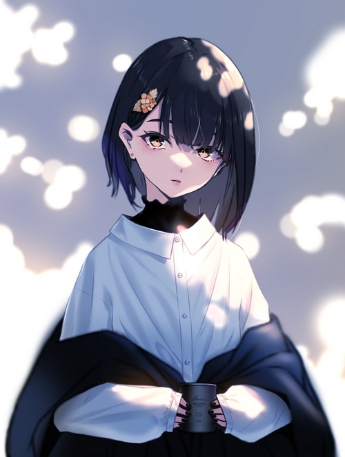 Anime girl with yellow eyes holding a mug