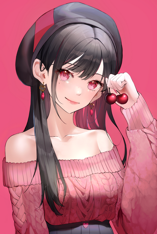 Anime girl with red eyes holding cherries