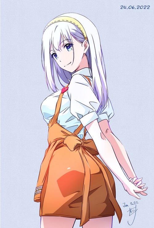 Anime girl with white hair and orange apron