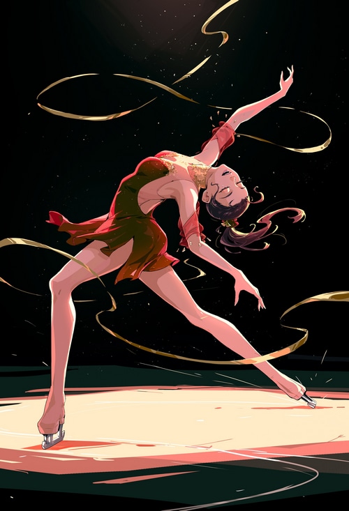 Figure skater in red dress performing on ice