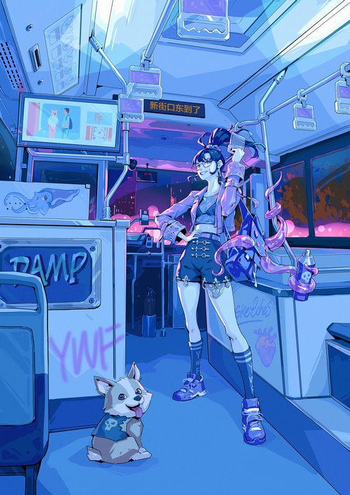 Anime girl and dog on a bus