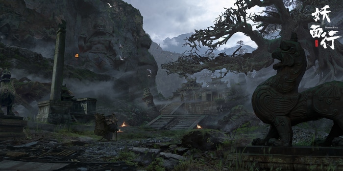 Demon Face artwork in a misty mountain temple