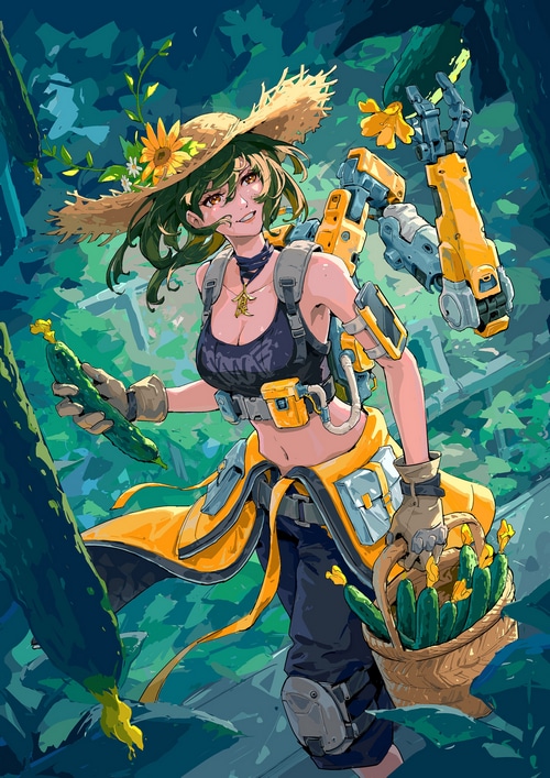 Woman with green hair and robotic arm harvesting cucumbers