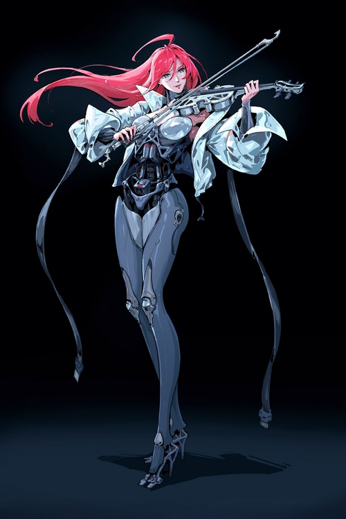 Cyborg woman with pink hair playing a futuristic violin