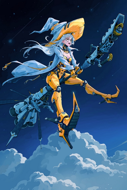 Futuristic witch with cyborg legs flying on a machine