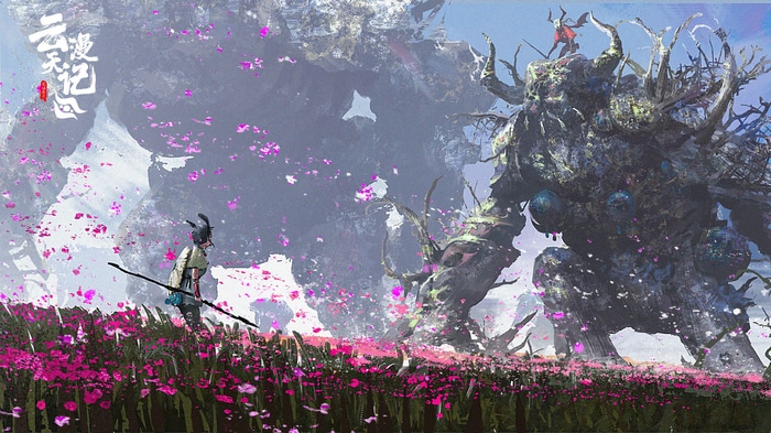 Artwork of a creature and a warrior in a field of flowers