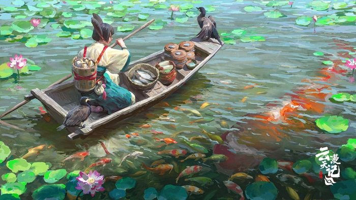 4K fish, birds, and flowers in a lotus pond