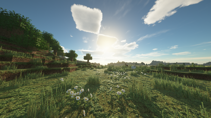 Minecraft landscape with sun and clouds