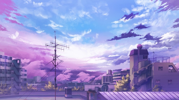 Anime cityscape with purple and blue clouds