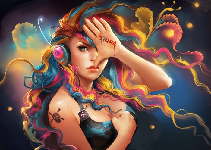 Digital art of a woman with multi-colored hair