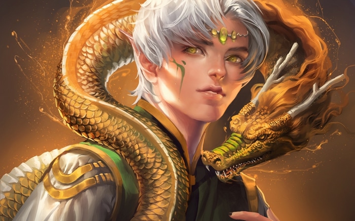 Anime boy with white hair and yellow eyes with a golden dragon