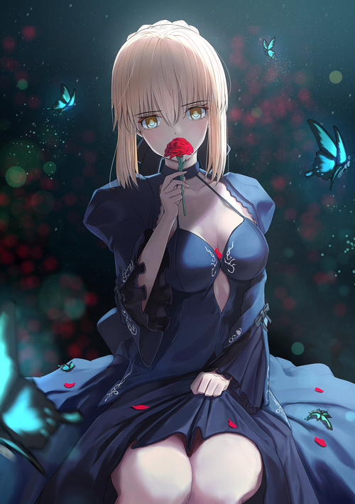 Saber Alter holding a red rose with butterflies