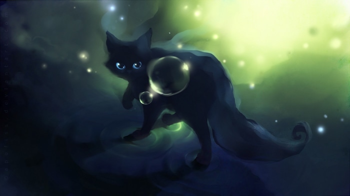 Black cat with blue eyes in a mystical environment