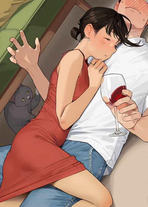 Douki-chan sleeping on a man's chest with a cat