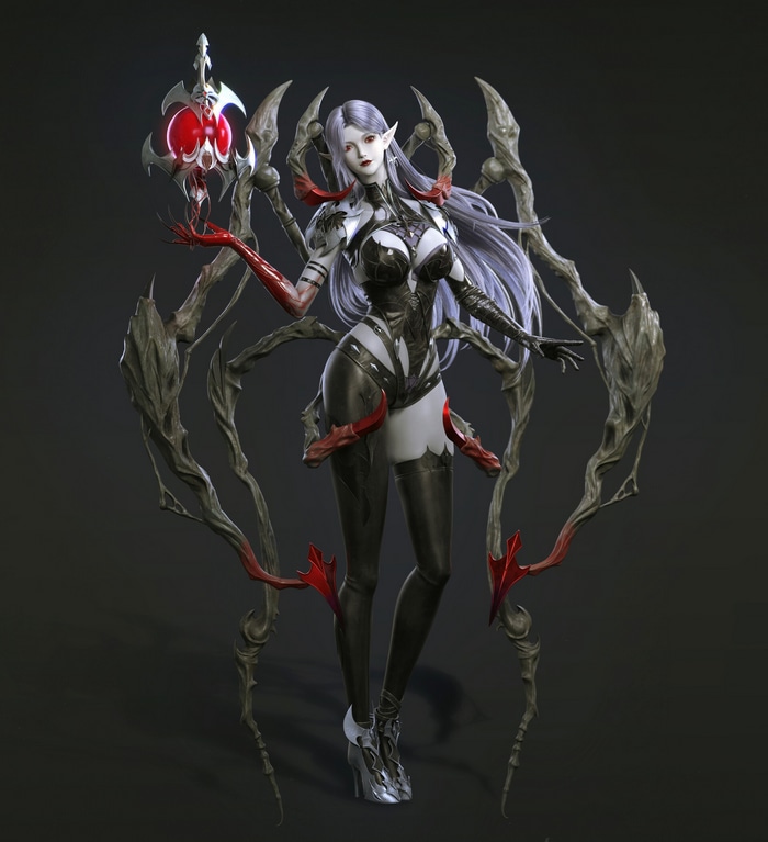 Fantasy girl with spider-like appendages and staff