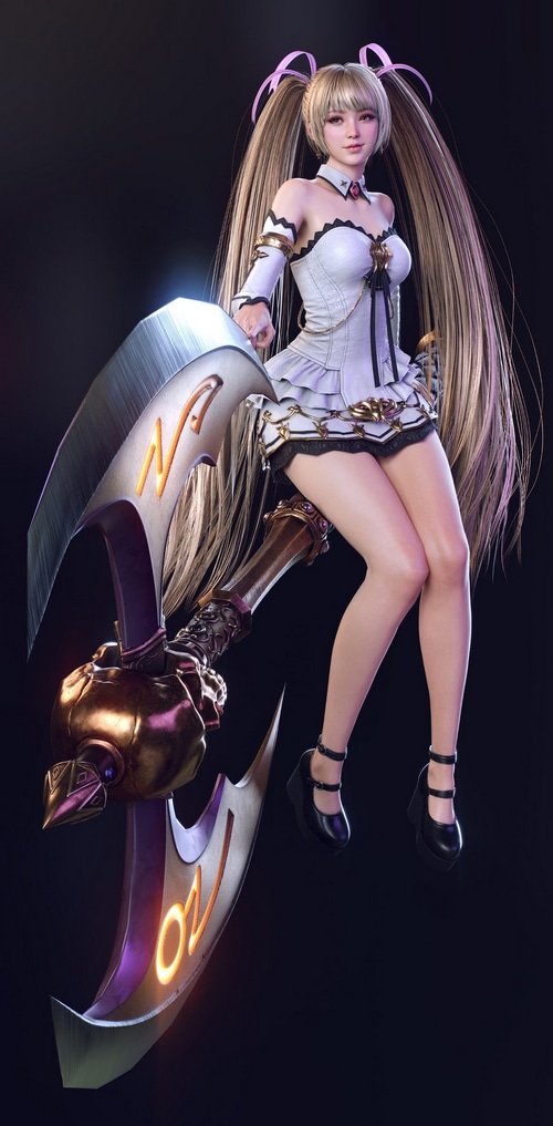 Fantasy girl with blonde pigtails and a large axe