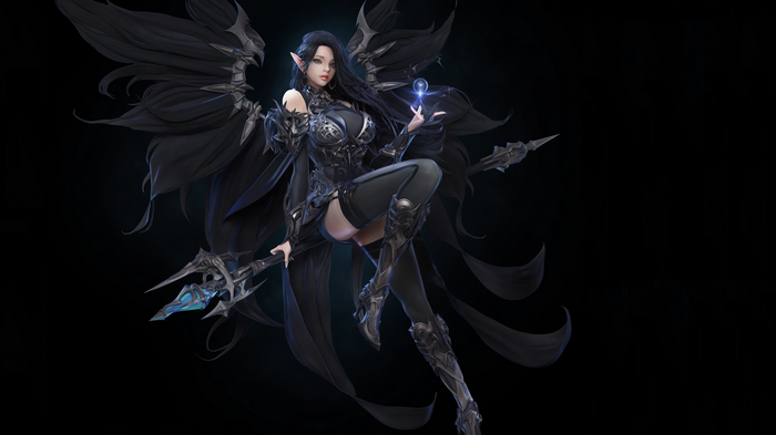 Dark-haired fantasy girl with wings and staff
