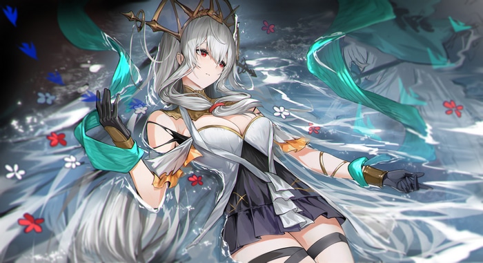 4K Arknights Skadi lying down in water