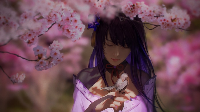 Raiden Shogun with a bird under cherry blossoms