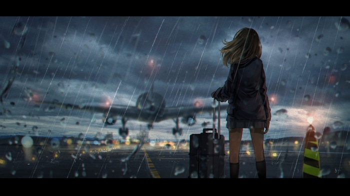4K girl with suitcase on airport runway in rain