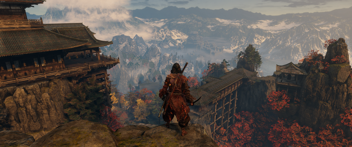 Sekiro: Shadows Die Twice landscape with mountains and temple