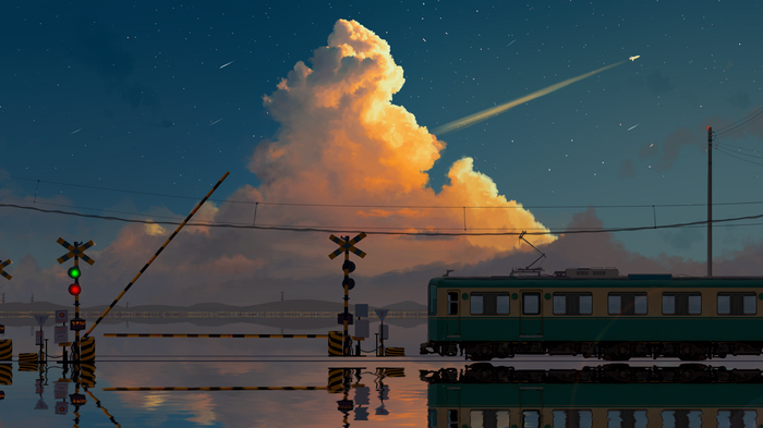 4K train at railway crossing with clouds