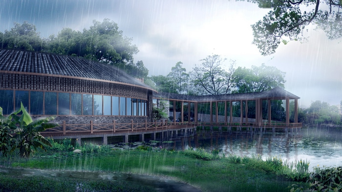 Building by the water in the rain