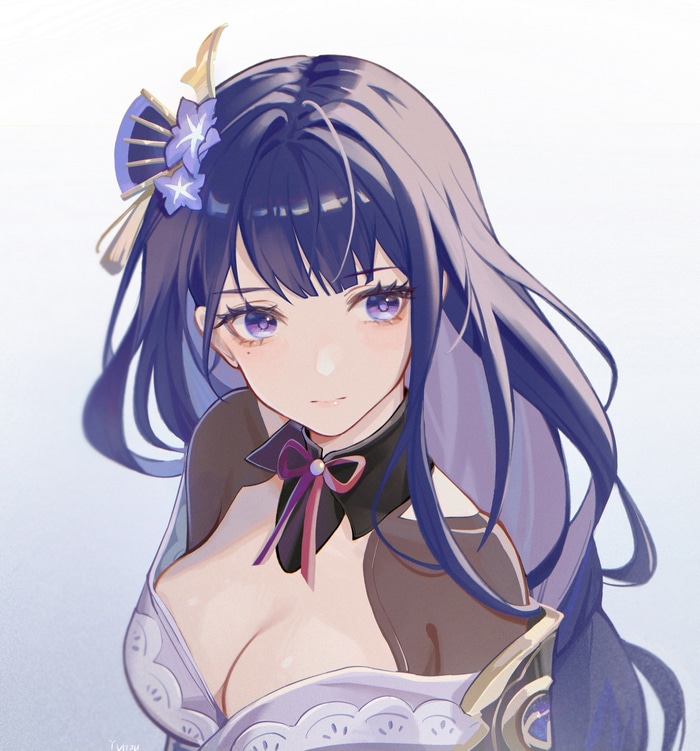 Raiden Shogun from Genshin Impact with purple hair and eyes